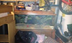 150 gallon fish tank. good for fish, snakes, rabbits, reptiles or whatever. Front two corners are rounded. It comes with stand and top light. Trim is wood grain and stand is wood. I know the prices on fish tanks and for the size, this is a steal. I would